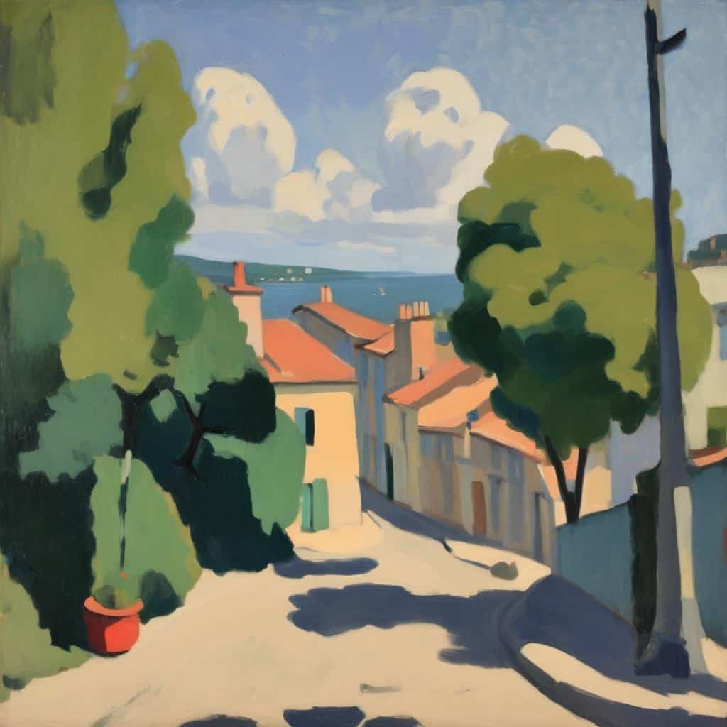 Ζωγραφική ασυμμετρίας με λοφώδη τοπία και γαλάζιο ουρανό, αναδεικνύοντας την ομορφιά της ασυμμέτρου τέχνης.