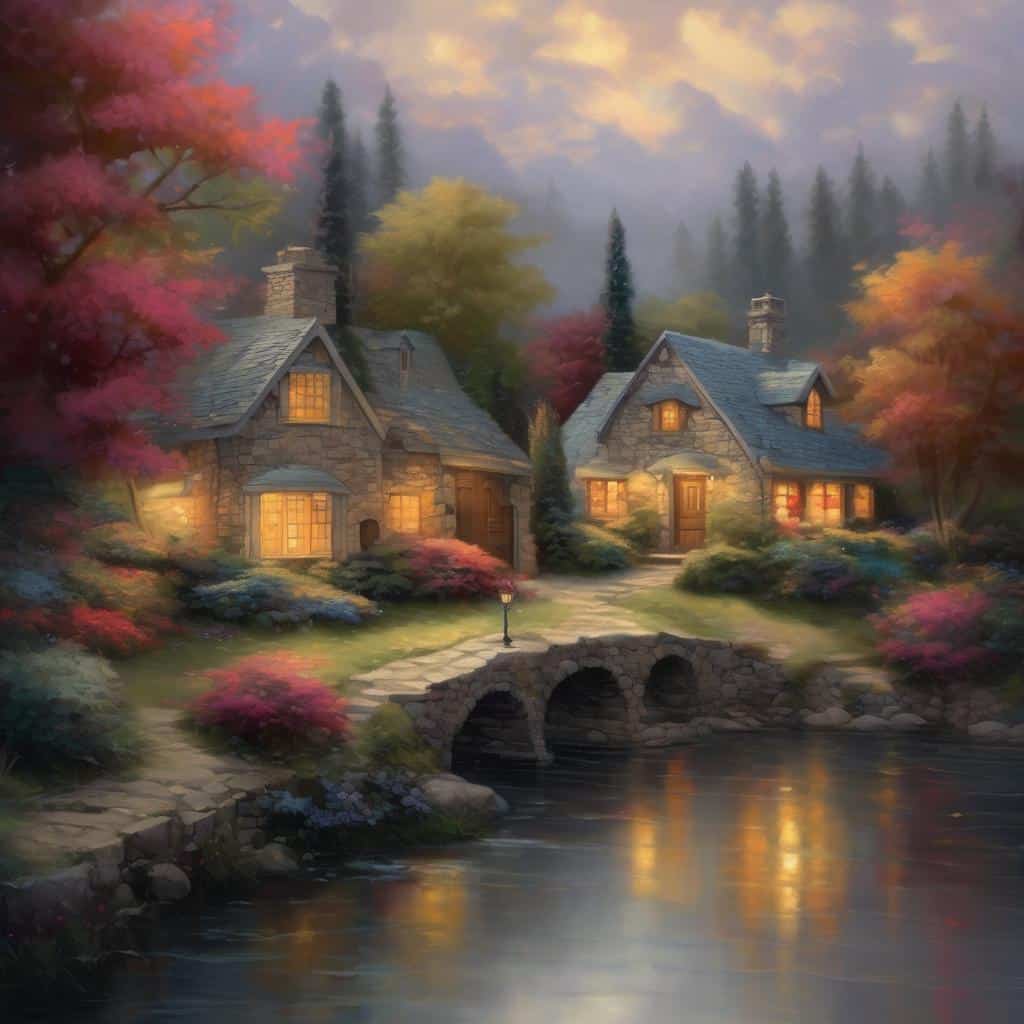 Ρομαντικά εξοχικά σπίτια σε ονειρικό τοπίο με πολύχρωμα δέντρα και γέφυρα πάνω από το ποτάμι.
