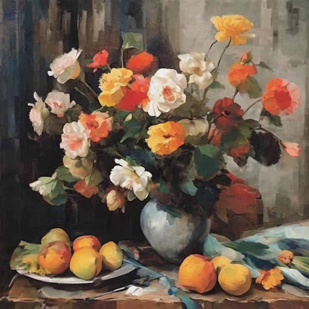 Λουλούδια σε βάζο με τριαντάφυλλα και γεράνια, χρώματα της φύσης, εικόνα με καλλιτεχνικό ύφος.