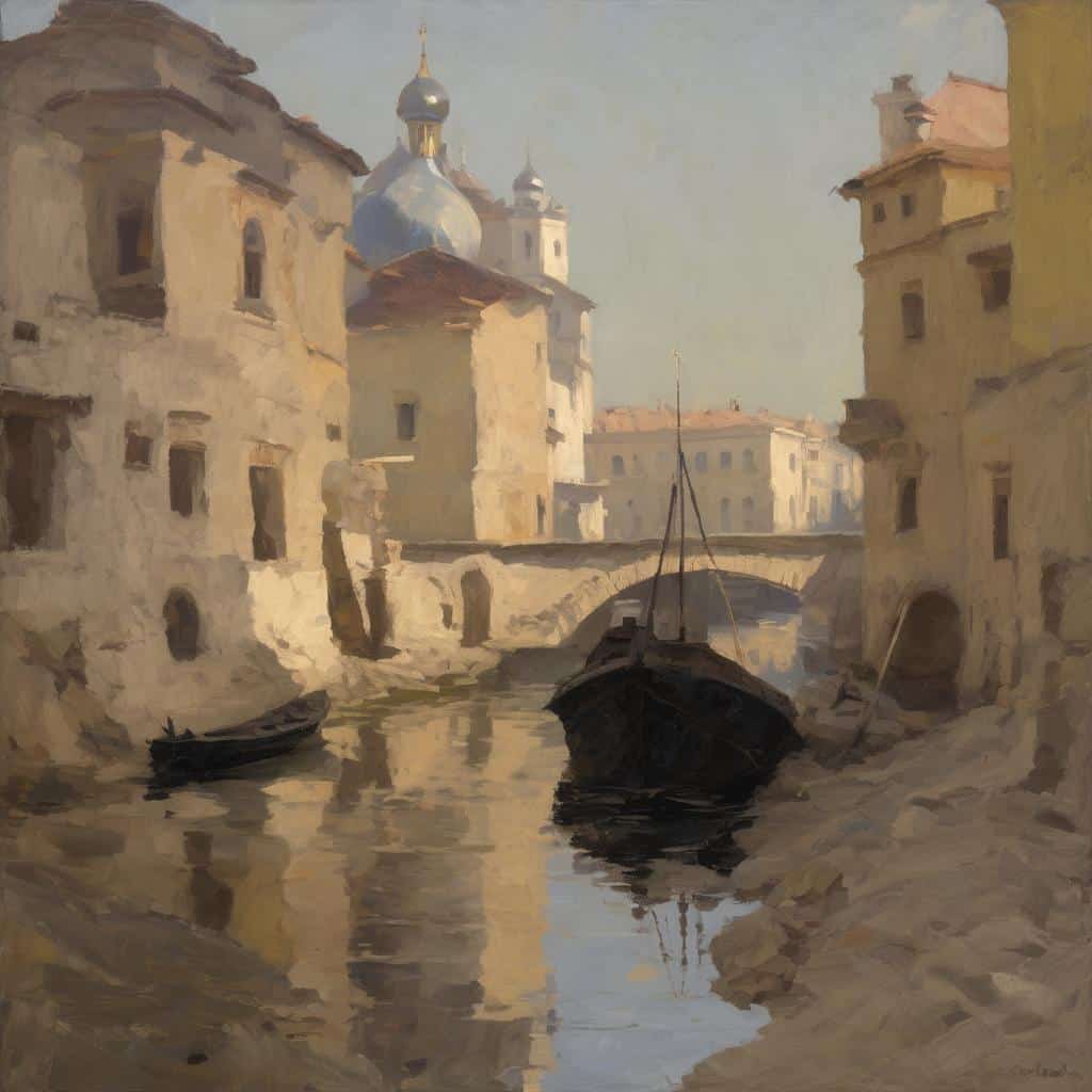 Αστικό τοπίο με παλιά κτίρια και γαλήνιο κανάλι, ζωγραφική αποτύπωση της ομορφιάς του ασυμμέτρου στην αρχιτεκτονική και τη φύση.