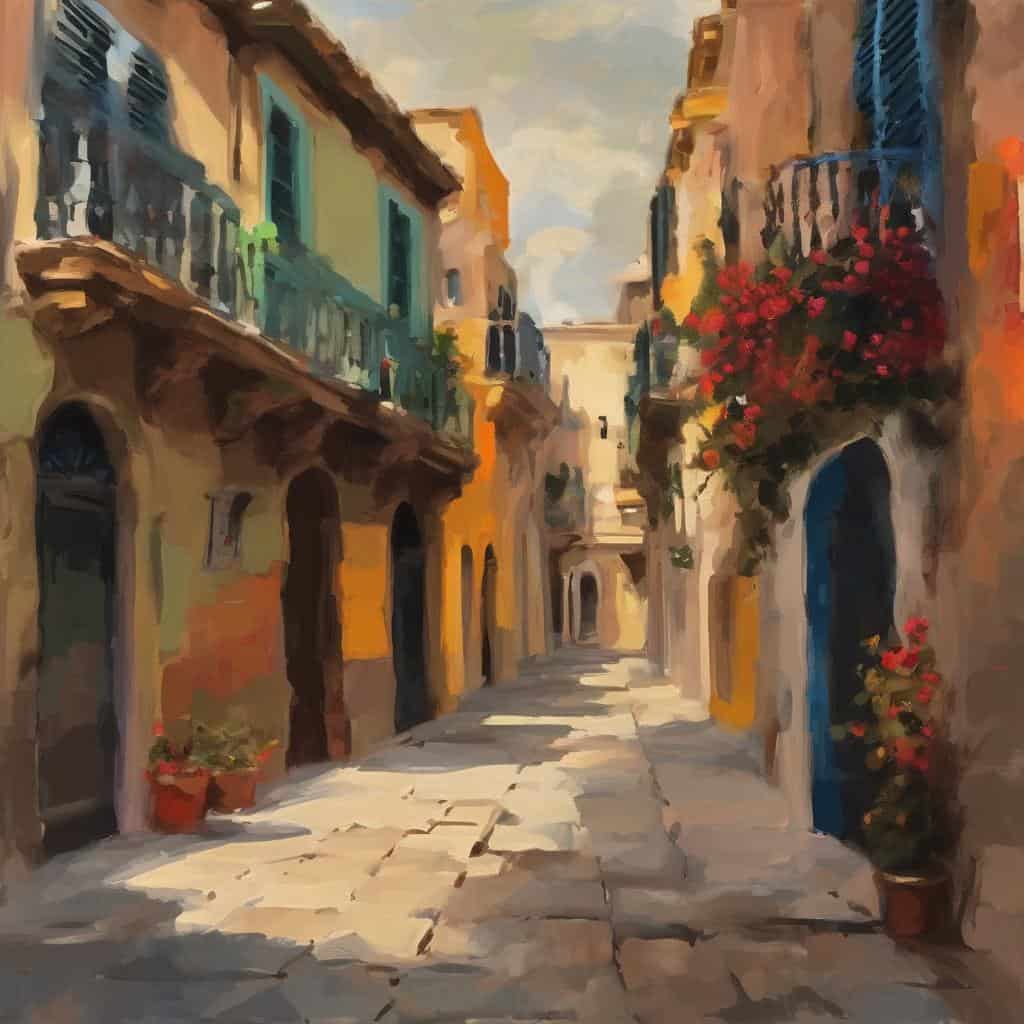Καλλιτεχνική απεικόνιση γραφικού δρόμου σε μεσογειακό χωριό με πολύχρωμα κτίρια και λουλούδια, εμπνευσμένη από την ομορφιά του ασυμμέτρου.