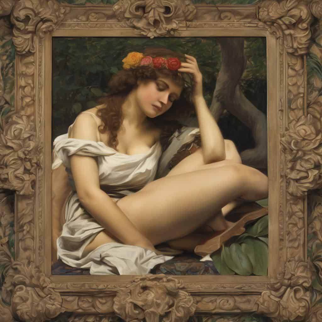 Ομορφιά και ασυμμέτρια στοιχεία, γυναικεία μορφή με λουλούδι στο κεφάλι σε καλλιτεχνικό πίνακα πρωτότυπο.