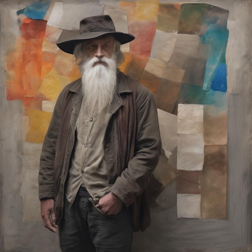 Φαίνεται ένας ηλικιωμένος άνδρας με μεγάλο λευκό μούσι και καπέλο, σε ένα έργο τέχνης με αφηρημένα χρώματα και σχήματα.